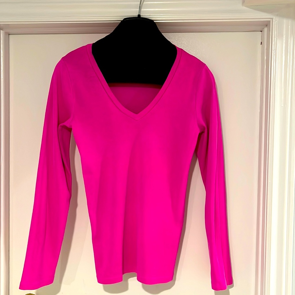 J. CREW, SZ M, NEON PINK/FUSCHIA, V-NECK PERFECT FIT T-SHIRT, L/S, 100% COTTON